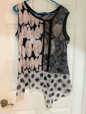 Tango Mango Size L Mixed Print Tunic Top Sheer Polka Dot Asymmetrical Hem